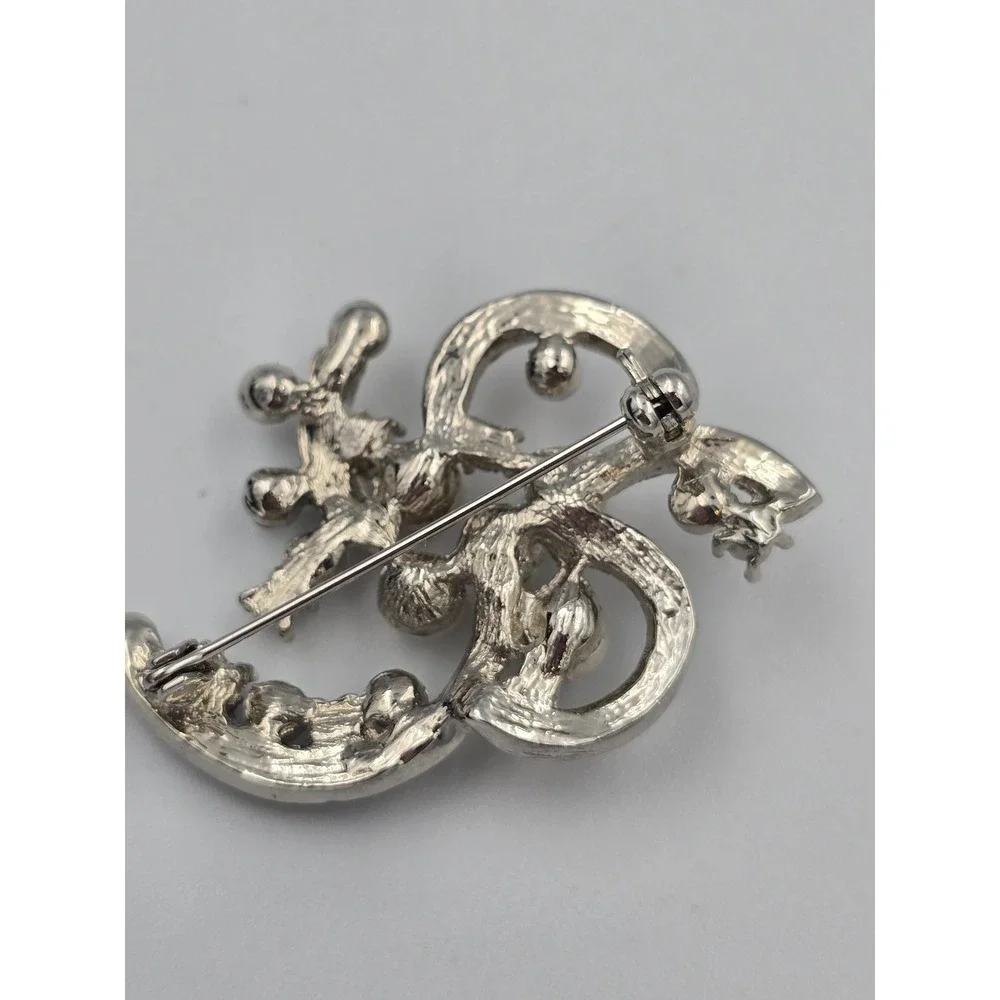Vintage Style Faux Pearl & AB Rhinestone Brooch Pin Silver Tone Abstract Swirl‎